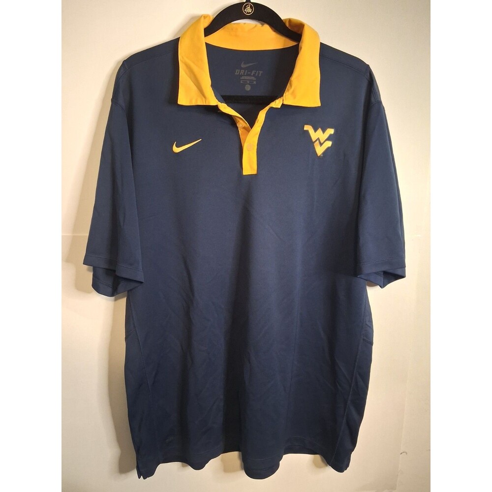 Nike West Virginia Mountaineers Polo Shirt Blue Gold Dri-FIT Short Sleeve XL